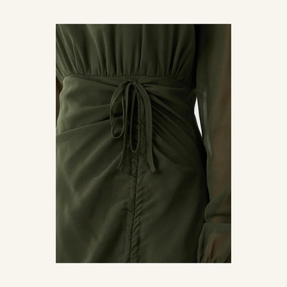 olive green gathered detail round neck long sleeve maxi dress for women