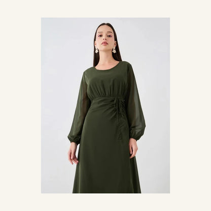 olive green gathered detail round neck long sleeve maxi dress for women
