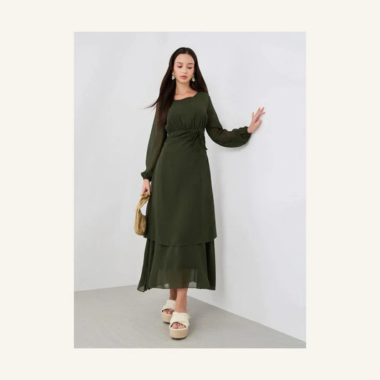 olive green gathered detail round neck long sleeve maxi dress for women