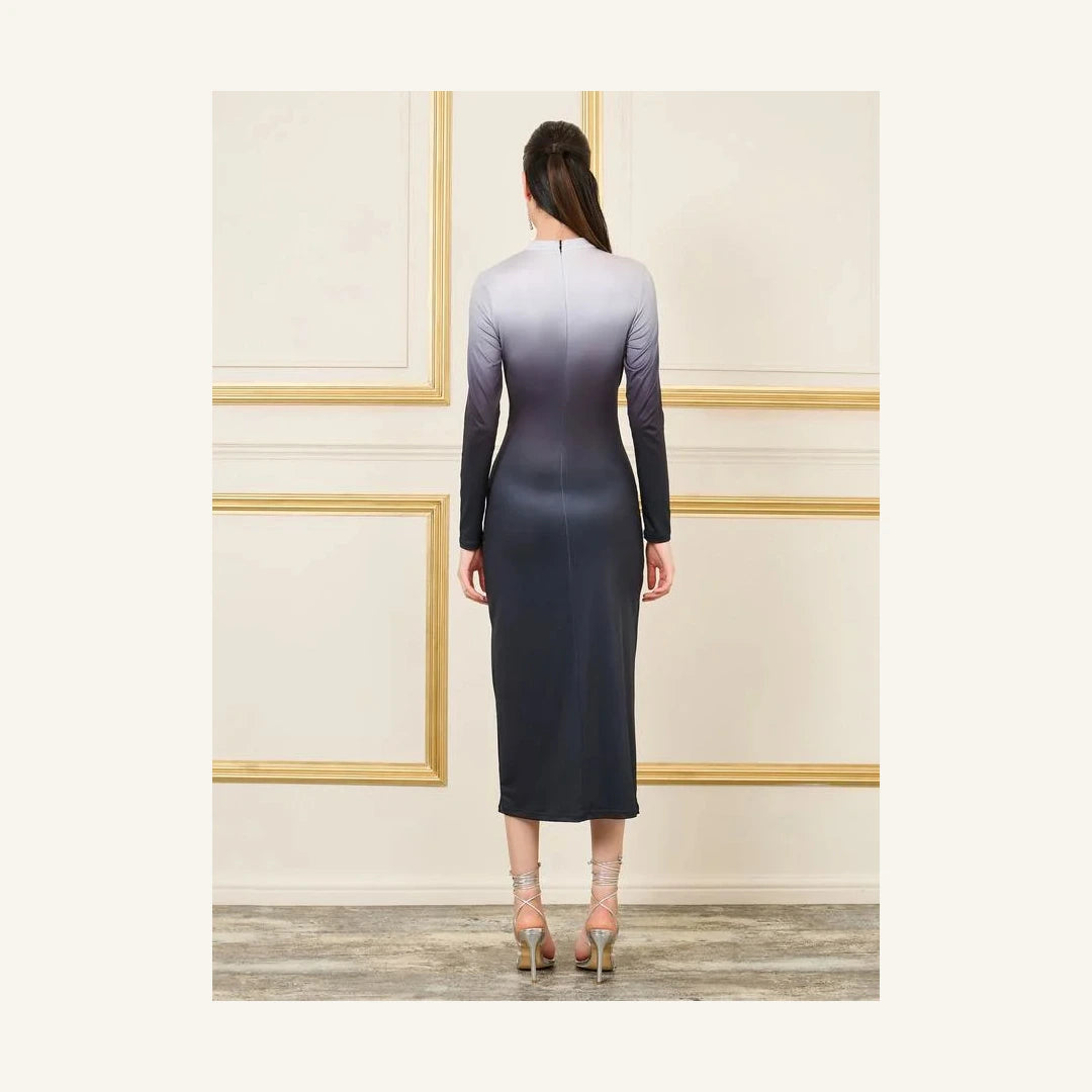 Elegant ombre ruched long sleeve midi dress for women in grey tones