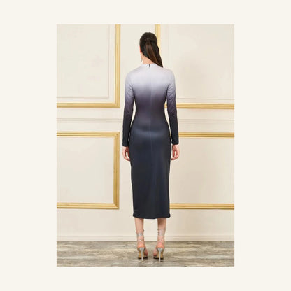 Elegant ombre ruched long sleeve midi dress for women in grey tones