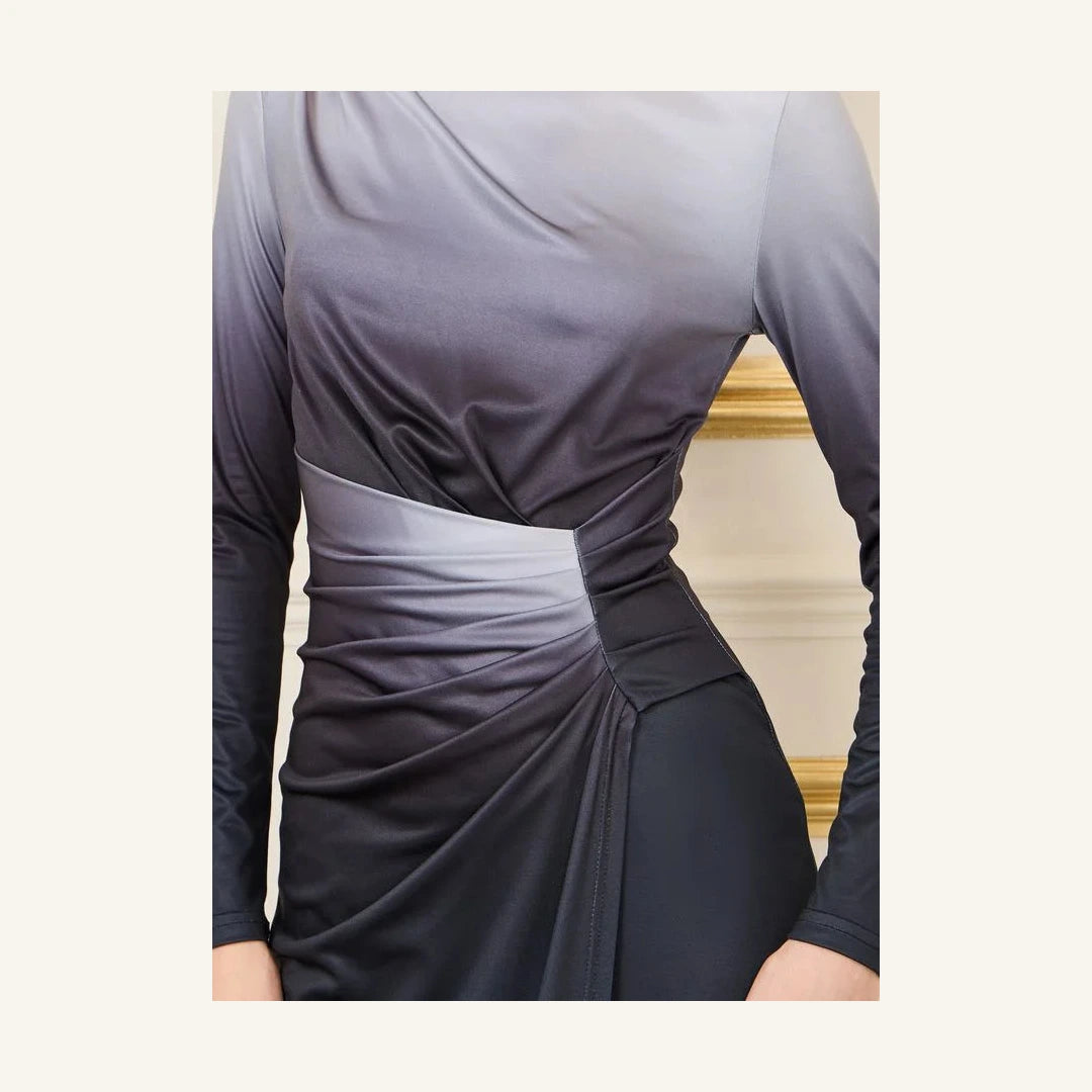 Elegant ombre ruched long sleeve midi dress for women in grey tones