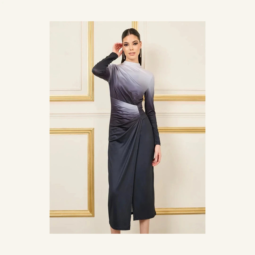 Elegant ombre ruched long sleeve midi dress for women in grey tones