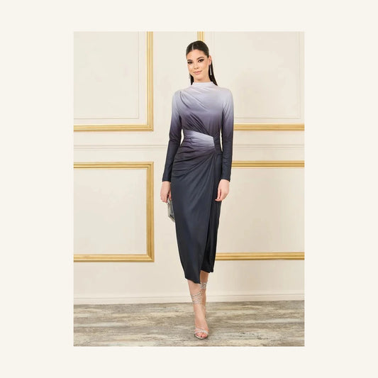 Elegant ombre ruched long sleeve midi dress for women in grey tones