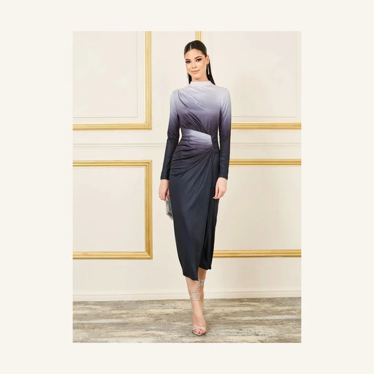 Elegant ombre ruched long sleeve midi dress for women in grey tones