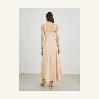 pale peach embellished sleeveless a-line maxi dress with halter neck