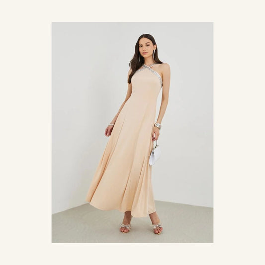 pale peach embellished sleeveless a-line maxi dress with halter neck