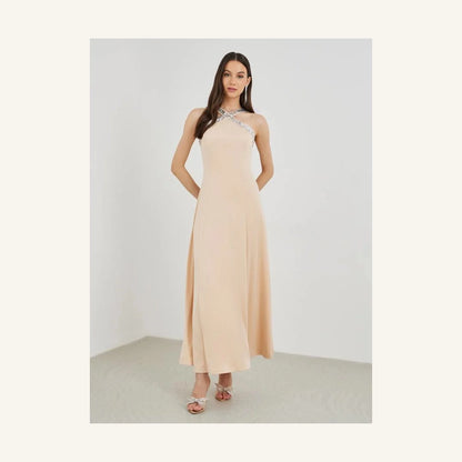 pale peach embellished sleeveless a-line maxi dress with halter neck