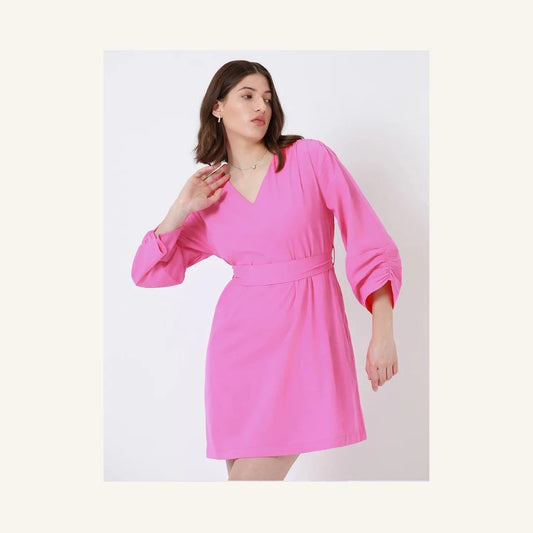 hot pink ruched sleeve mini dress with v-neck and cinched waist