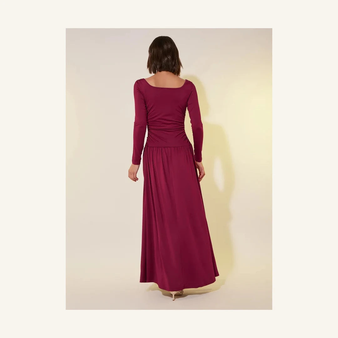 burgundy rose embellished long sleeve maxi dress with V-neck and gathered bodice