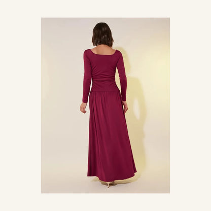 burgundy rose embellished long sleeve maxi dress with V-neck and gathered bodice