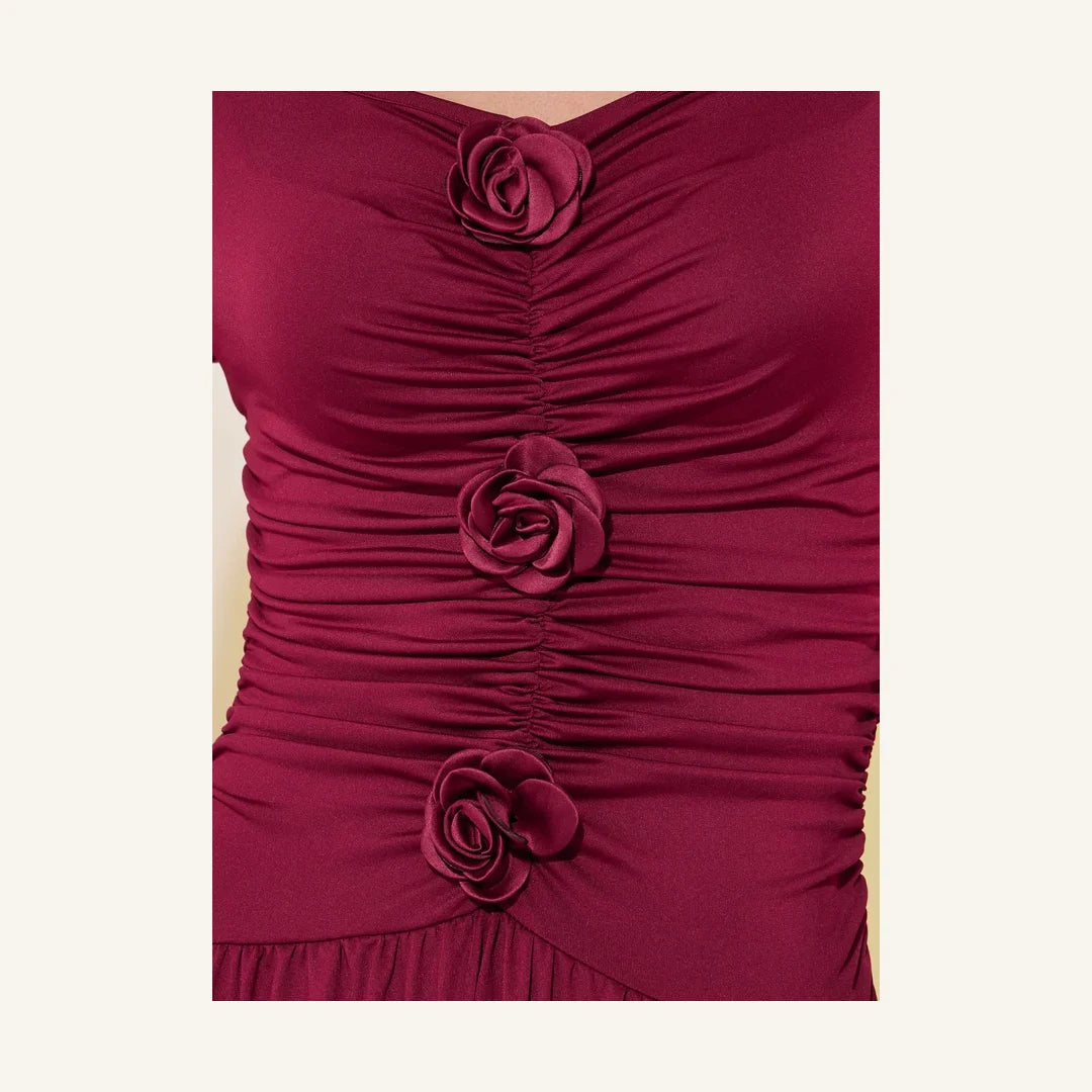burgundy rose embellished long sleeve maxi dress with V-neck and gathered bodice