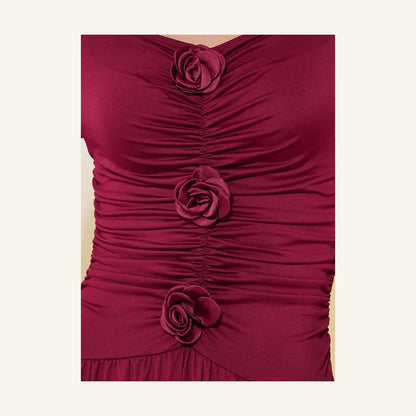 burgundy rose embellished long sleeve maxi dress with V-neck and gathered bodice