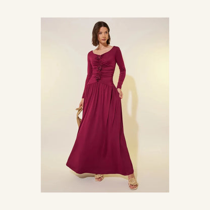 burgundy rose embellished long sleeve maxi dress with V-neck and gathered bodice