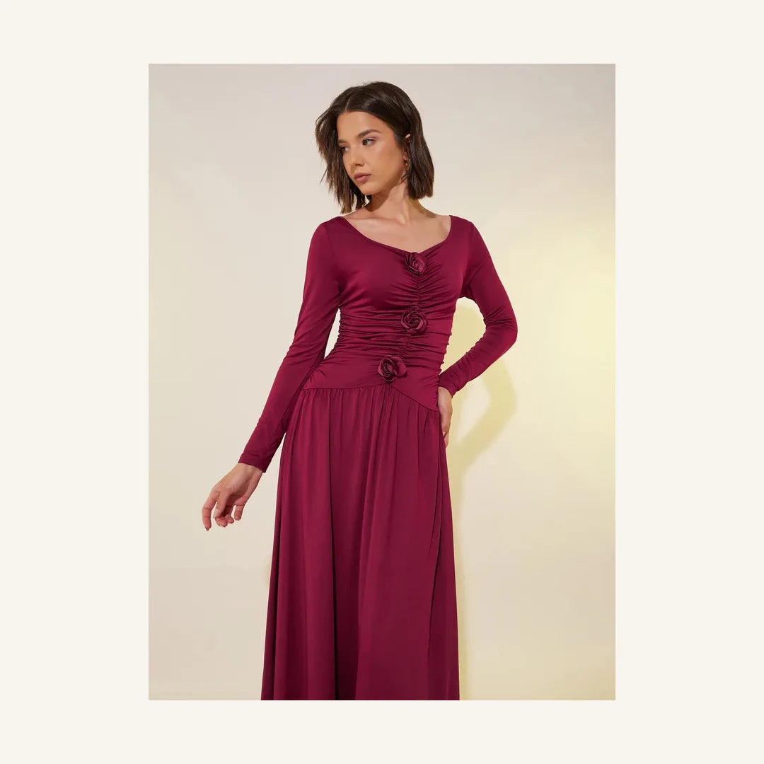 burgundy rose embellished long sleeve maxi dress with V-neck and gathered bodice