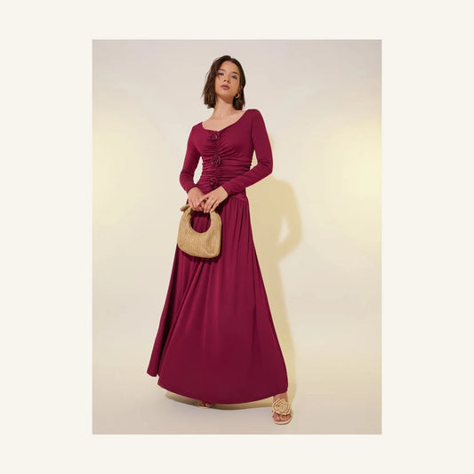 burgundy rose embellished long sleeve maxi dress with V-neck and gathered bodice