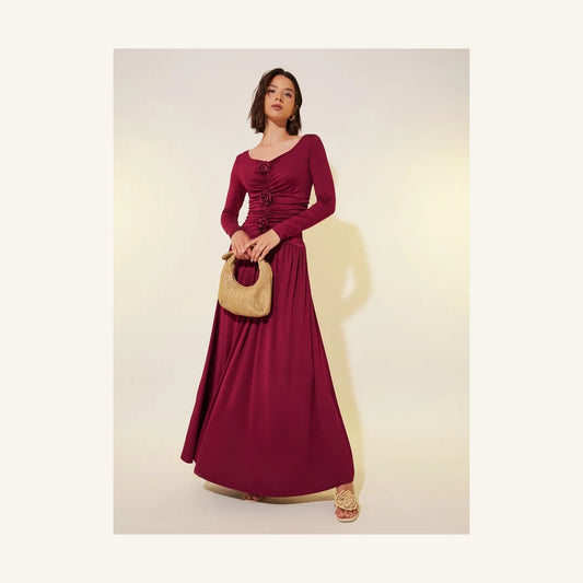 burgundy rose embellished long sleeve maxi dress with V-neck and gathered bodice
