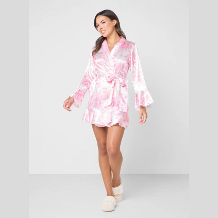 Ginger Pink Satin Printed Robe with Belt – Luxury Women’s Loungewear