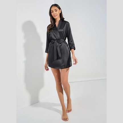 Styli Solid Satin Belted Robe – Black Comfort Fit Sleepwear for Women