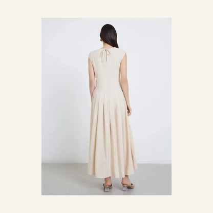 light beige sleeveless pleated a-line maxi dress for women