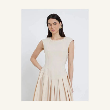 light beige sleeveless pleated a-line maxi dress for women