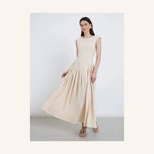light beige sleeveless pleated a-line maxi dress for women