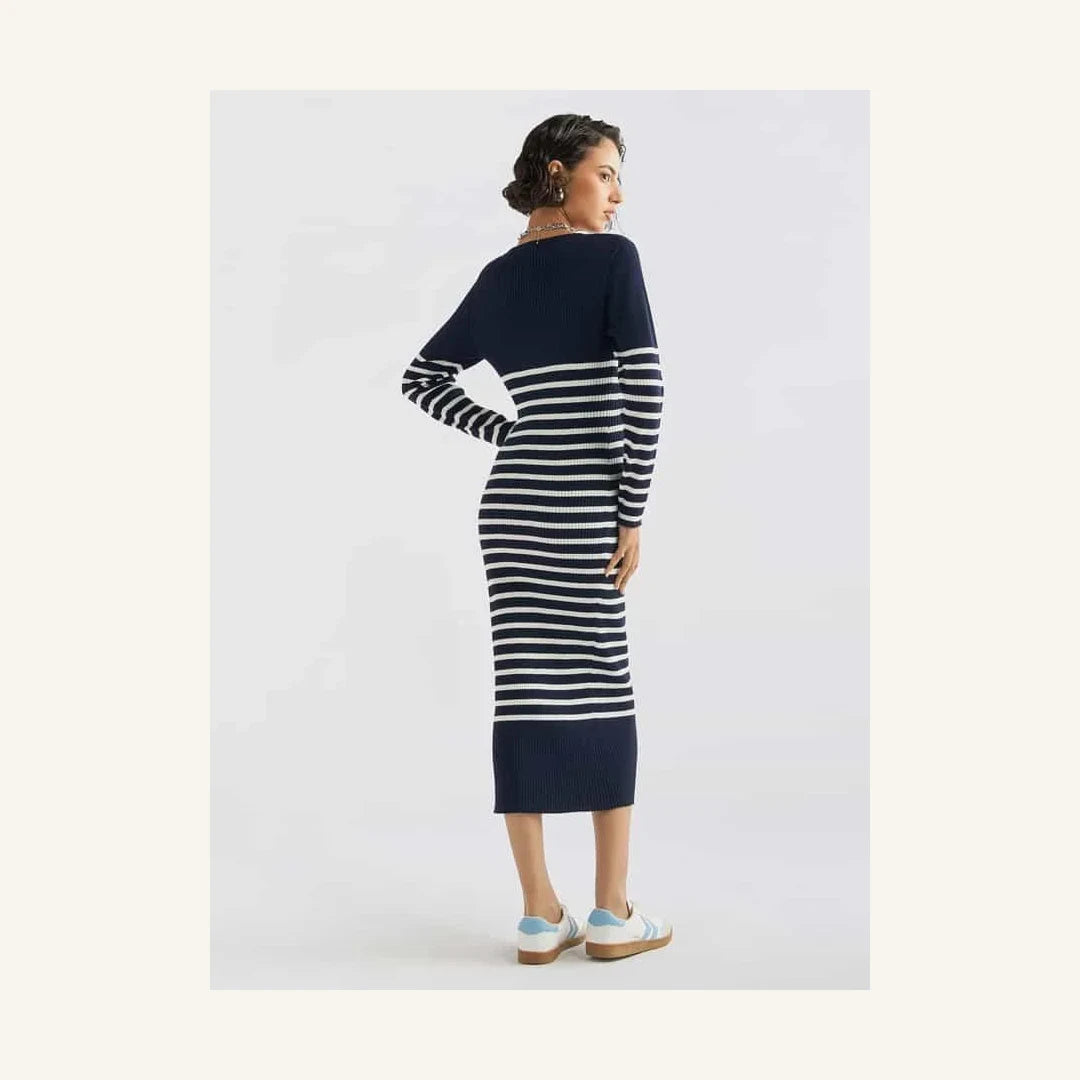 navy blue and white striped knit midi dress with v-neck for women