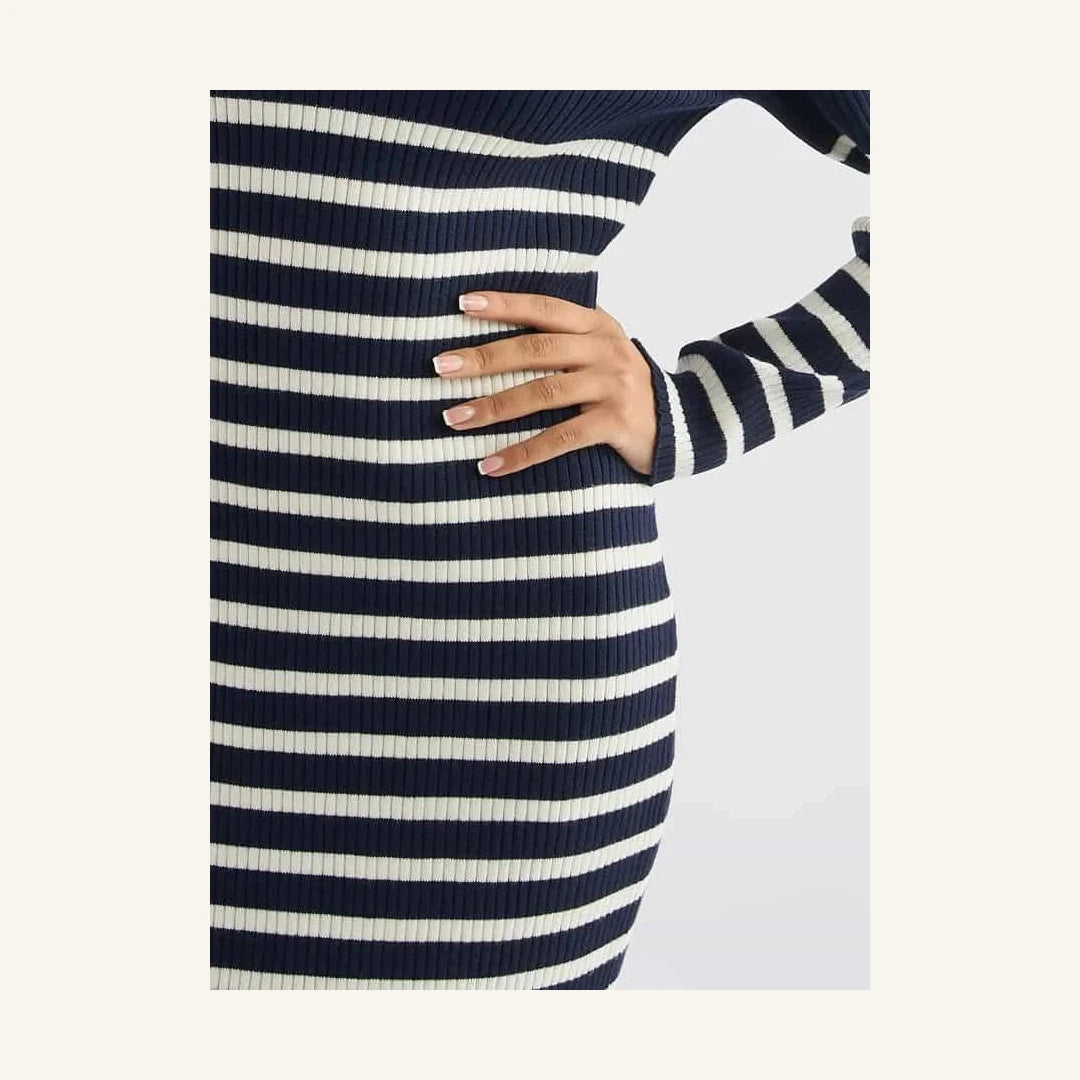 navy blue and white striped knit midi dress with v-neck for women