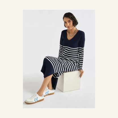 navy blue and white striped knit midi dress with v-neck for women