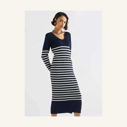 navy blue and white striped knit midi dress with v-neck for women