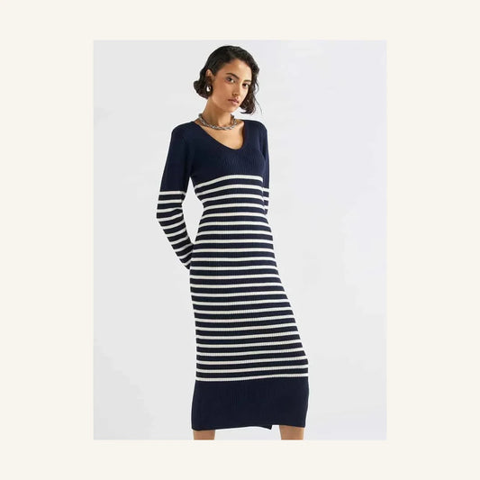 navy blue and white striped knit midi dress with v-neck for women