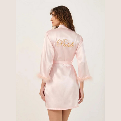 Satin Bride Nightdress with Feather Trim – Pink & White Luxury Wedding Night Sleepwear
