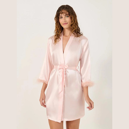 Satin Bride Nightdress with Feather Trim – Pink & White Luxury Wedding Night Sleepwear
