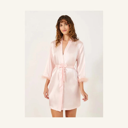 Satin Bride Printed Robe with Feather Trim in Pink – Luxury Bridal Loungewear