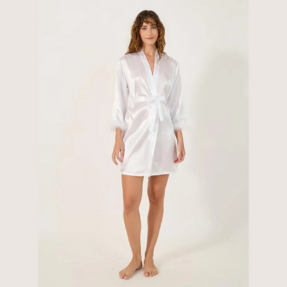 Satin Bride Nightdress with Feather Trim – Pink & White Luxury Wedding Night Sleepwear