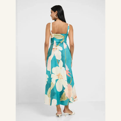 teal floral sleeveless midi dress with square neck and fit and flare style