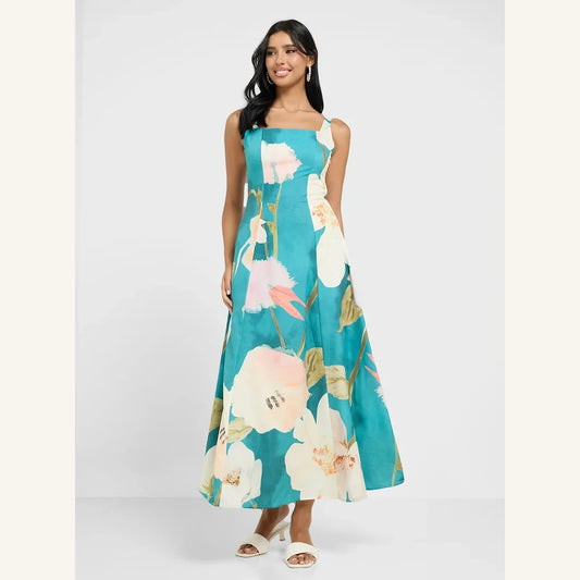 teal floral sleeveless midi dress with square neck and fit and flare style