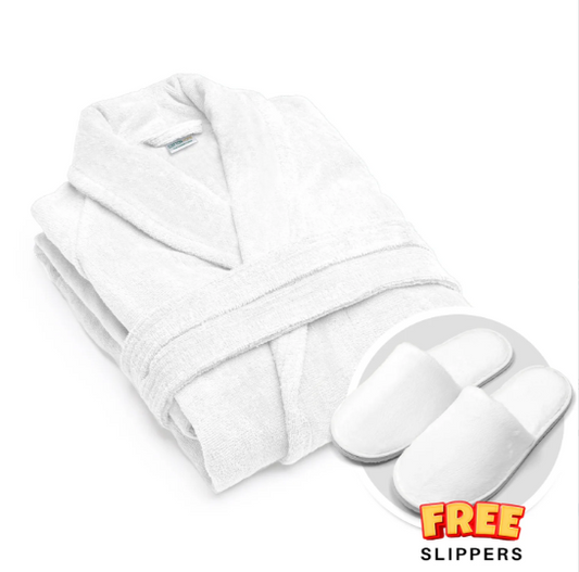 Premium 100% Pure Cotton Terry Bathrobe with Pockets, 5 Colors One Size Fits All with Free Bath Slippers